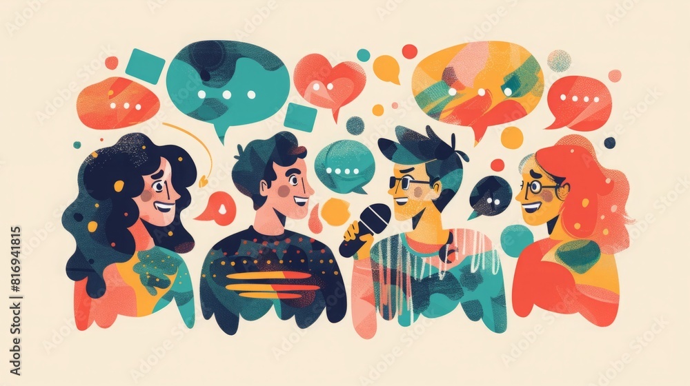 Poster multiple individuals engaged in conversation, each depicted with speech bubbles containing dialogues