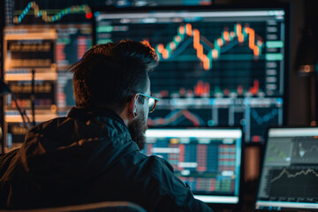 Man trading stock in front of computer. Generative AI.