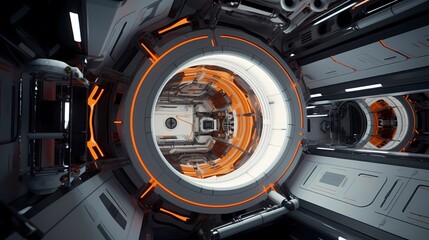 Digital technology orange and white space station ball poster background