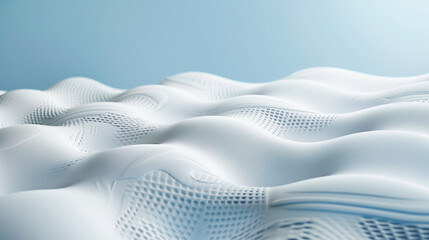 Obraz premium Abstract smooth wavy surface with embossed and perforated textures in a soft white and light blue color scheme, creating a calming and futuristic visual effect.