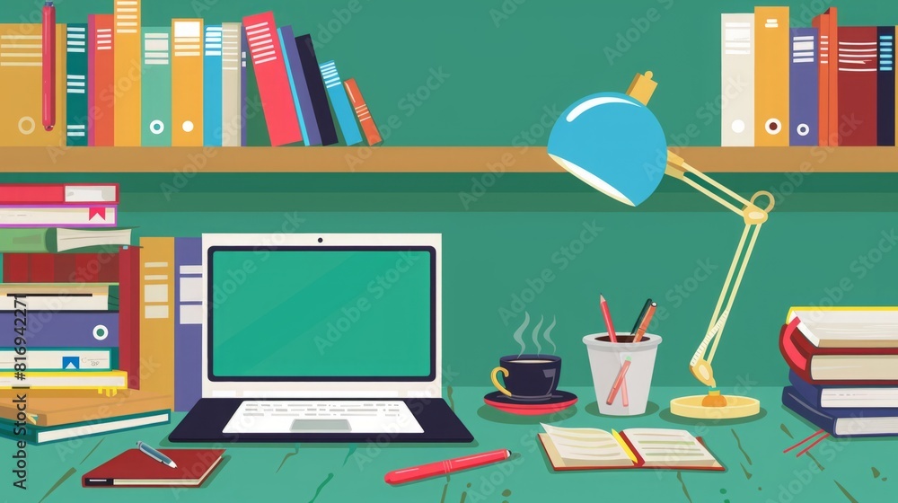 Poster a modern desk setup featuring a laptop open on a desk, books neatly arranged, and a functional desk 