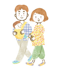 2人目妊娠中のママと長男を抱っこするパパの3人家族の手描きイラスト