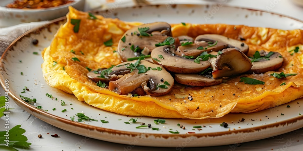 Wall mural Serving up a Delicious Mushroom Omelette. Concept Mushroom Recipes, Omelette, Veggie Breakfast, Savory Dishes, Cooking Tips - Wall murals