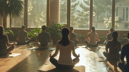 Multiple individuals engage in yoga poses in a room with large windows, receiving natural light.