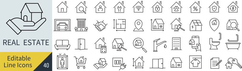 線の編集ができるベクターの不動産のアイコンセット（アウトライン化していない） © syoko