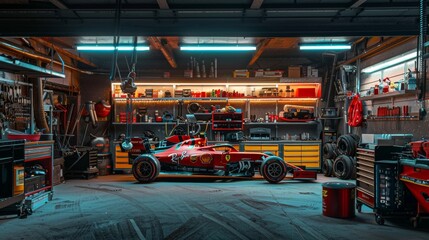 Race car in a neon lit garage for racing or automotive themed designs
