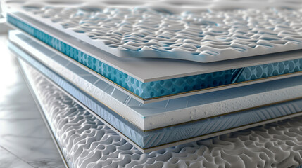Fototapeta premium Close-up view of multiple layers of a memory foam mattress with various textured and colored foam materials, showcasing its intricate construction and design for comfort.