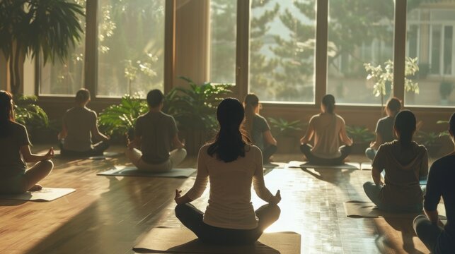 Multiple individuals engage in yoga poses in a room with large windows, receiving natural light.