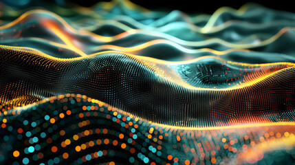 Abstract digital waves consisting of glowing dots and lines in blue, orange, and yellow, creating a futuristic and dynamic visual effect in a dark environment.