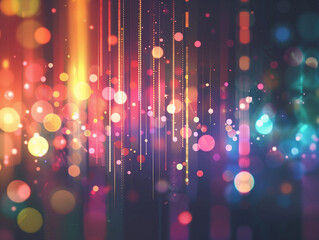 A vibrant, abstract image featuring vertical light streaks and bokeh in shades of orange, yellow, pink, blue, and green. The composition creates a dynamic, festive atmosphere with a sense of depth