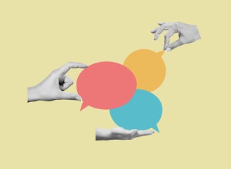 Contemporary collage of hands holding colored dialogue bubble.