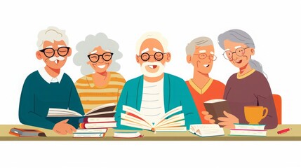 Several elderly individuals seated around a table, engrossed in reading various books.