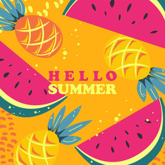 Summer time. Summer background with watermelon and pineapple. Hello summer.Vector illustration.