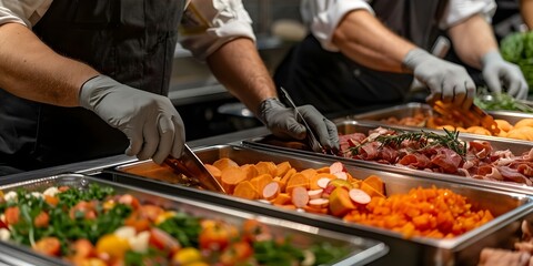 Obraz premium Setting up a colorful indoor buffet with vibrant meats and produce. Concept Colorful Food Display, Indoor Buffet, Vibrant Meats, Fresh Produce, Stylish Setting