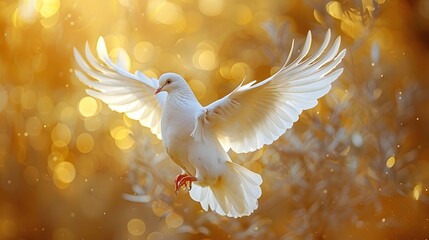 A white dove flaps its wings in the air, radiating warm light and symbolizing peace and freedom.
