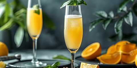 Elevated Brunch Experience: Sophisticated Bellini Cocktail in a Tall Champagne Flute. Concept Sophisticated Cocktails, Elegant Brunch, Bellini Recipe, Champagne Flute Decor