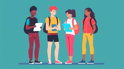 Fototapeta premium A diverse group of individuals wearing backpacks standing in a close-knit circle, outdoors.