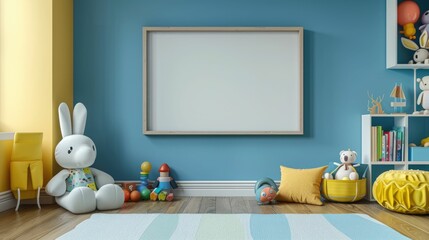 Vibrant Kids Playroom with Blank Poster Frame and Organized Toy and Book Storage