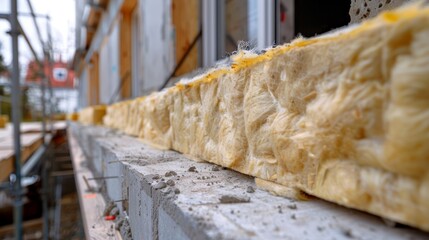 Obraz premium Insightful close-up of insulation panels on a construction site, emphasizing their quality and thermal efficiency under optimal environmental conditions