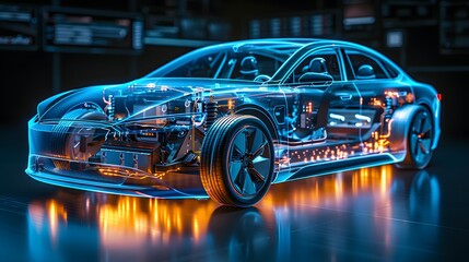 Fototapeta premium An electric car with an illuminated transparent blue body, showing the internal structure of its power system and battery in detail. 