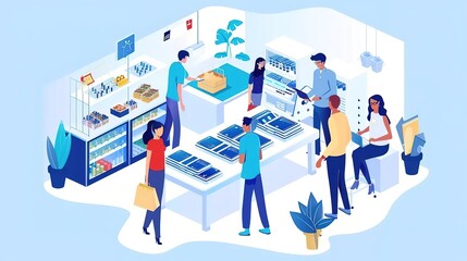 Create an isometric illustration of a modern grocery store interior  with a variety of people shopping