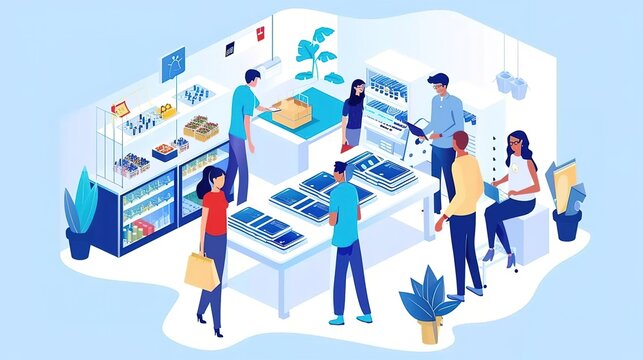 Create an isometric illustration of a modern grocery store interior  with a variety of people shopping