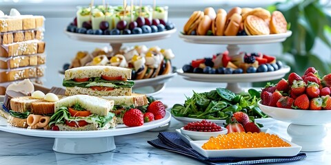 Elegant table with assorted snacks sandwiches caviar and fresh fruits for event. Concept Event Catering, Assorted Food, Elegant Table Setting, Fresh Fruits, Caviar