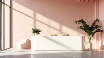 Modern and minimalist white reception desk in the center of an office with soft lighting, creating a clean and professional atmosphere.
