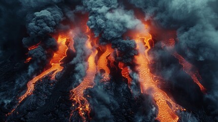 Fiery lava flows and dense smoke close-up, representing the peril of overspending, dramatically set against a deep dark sky