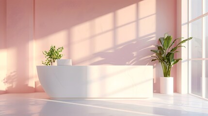 Modern and minimalist white reception desk in the center of an office with soft lighting, creating a clean and professional atmosphere.
