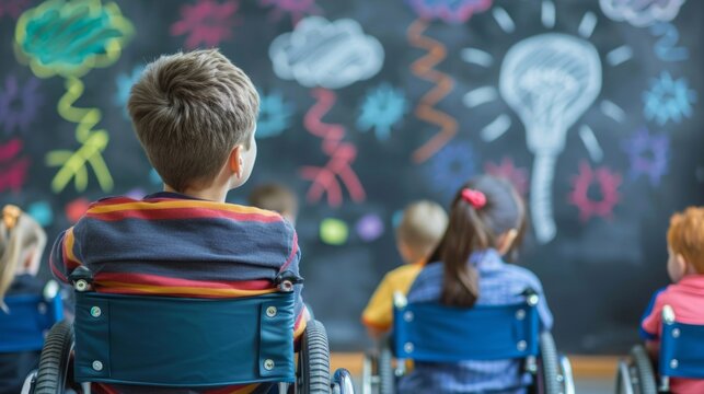 A group of diverse children in wheelchairs sitting in front of a chalkboard, engaging in a classroom activity.