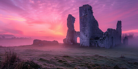 Obraz premium Majestic ancient castle ruins in the misty morning with colorful clouds in the sky