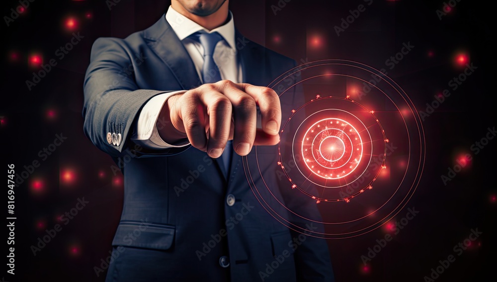 Poster a man in a suit is pointing at a red circle on a computer screen