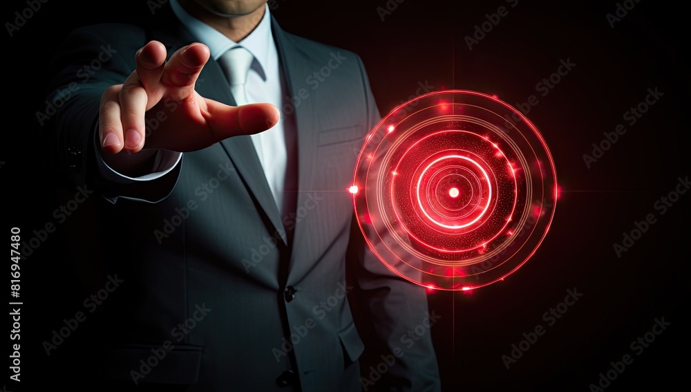 Poster a man in a suit is pointing at a red circle on a computer screen