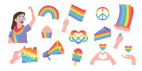 Flat LGBTQ pride stickers set. Symbol of the LGBT pride community. Rainbow elements. Bisexual, transgender, gender equality or relationship rights concept.