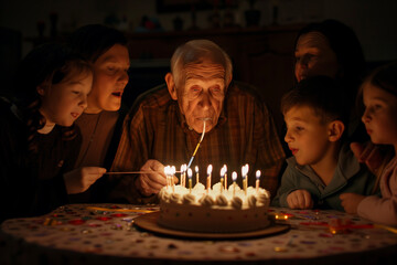 A grandfather with  their grandchildren sitting in a hall celebrating happy birthday