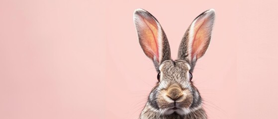 Rabbit Pink Background Closeup Cute Animal Bunny Portrait, Adorable Pastel Studio Scene, Fluffy Whiskers