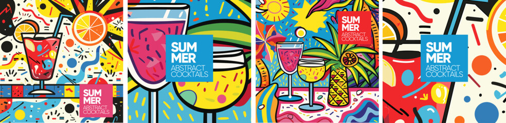 Summer vibe. Colorful abstract summer cocktail designs with vibrant patterns and playful elements, perfect for festive seasonal promotion. Illustrations for poster, background, flyer or greeting card