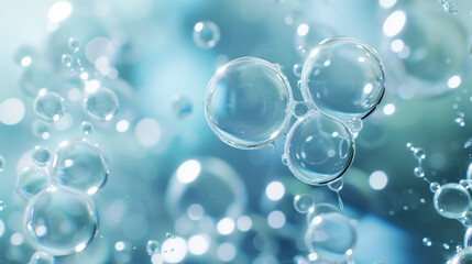 A soothing and refreshing image of transparent air bubbles suspended in a blue liquid, with a soft and blurry background, evoking a sense of purity and clarity.