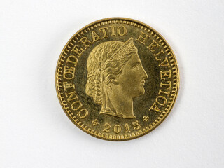 Swiss 5 cents coin, white background, back side