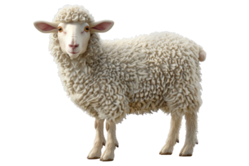 A white sheep with a fluffy coat stands on a white background, illustrations, clipart, isolated on a transparent background.