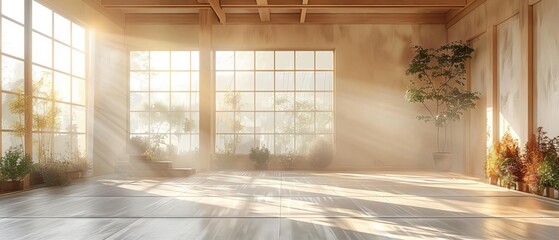 Empty yoga studio with serene white space and morning sunlight, tranquil, digital painting