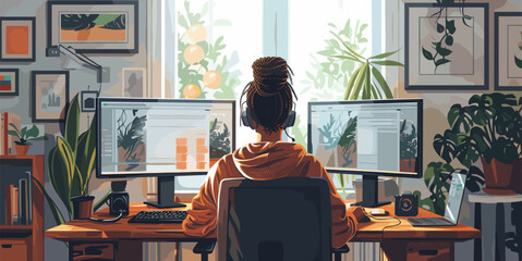 Vector illustration of a professional working at a dual-monitor setup in a cozy home office, surrounded by bookshelves and plants, perfect for remote work