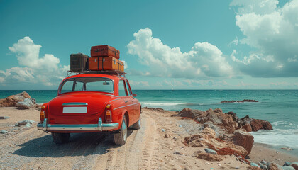 A red car with luggage on top of it is parked on a beach by AI generated image