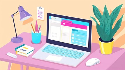 A desk with a laptop, a lamp, a plant, a notebook, a pencil holder, and a mouse