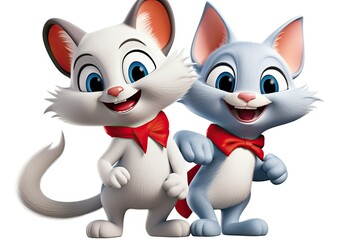 Obraz premium Two animated cats, one orange and one grey, stand side by side looking ahead. Generative AI