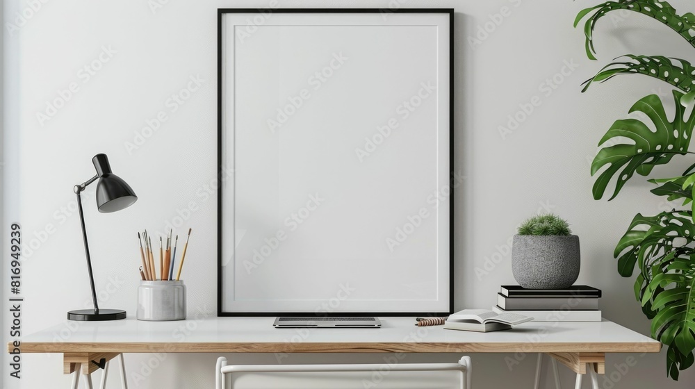 Poster minimal and organized s creative workspace with empty frame for artwork display