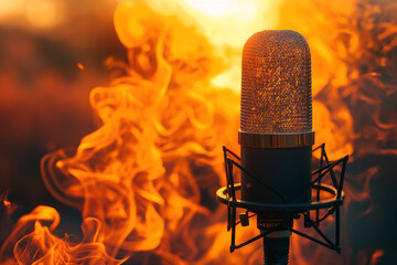 a weather forecast announcer, you deliver a succinct yet urgent message,a microphone with burning forest background