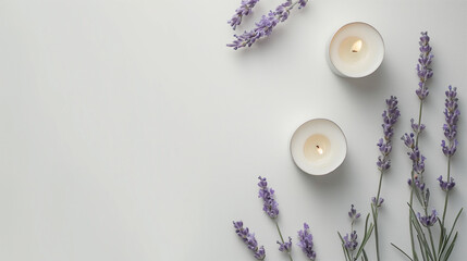 two lit candles and lavender flowers on a white background.