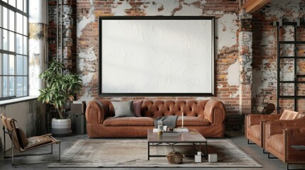 Cozy Urban Loft with Blank Poster Frame and Exposed Brick Walls